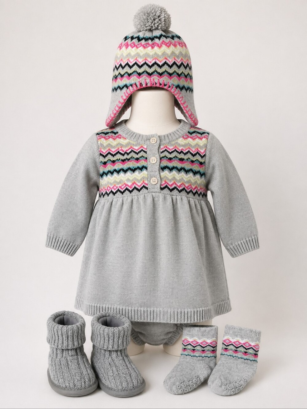Carter’s | Baby Girl Fair Isle Sweater Dress Outfit Set w/ Hat, Booties & Socks - Picture 1 of 15